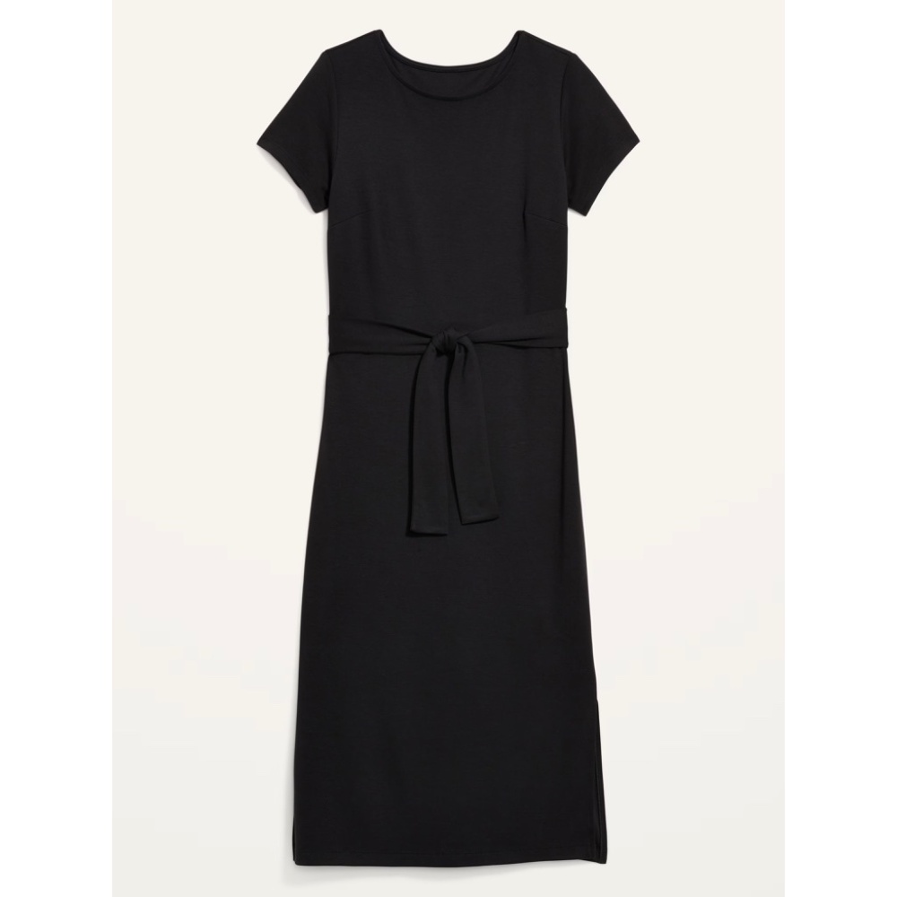 Old Navy Black Tie Waist Midi Dress Ponte Knit Short Sleeve NWT M - Picture 4 of 6